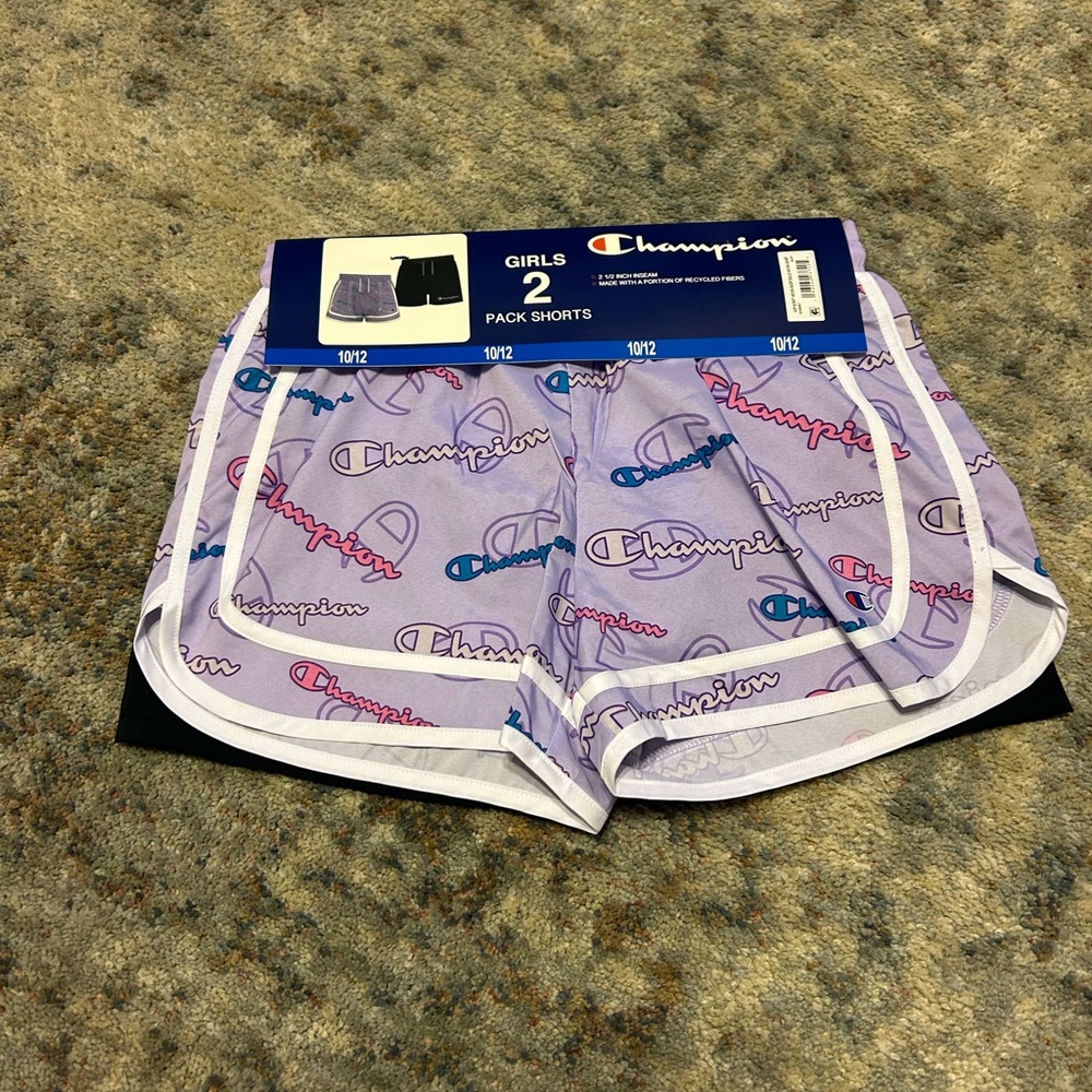 NWT- Champion Girls' Black and Purple Shorts Pack. Size 10/12
